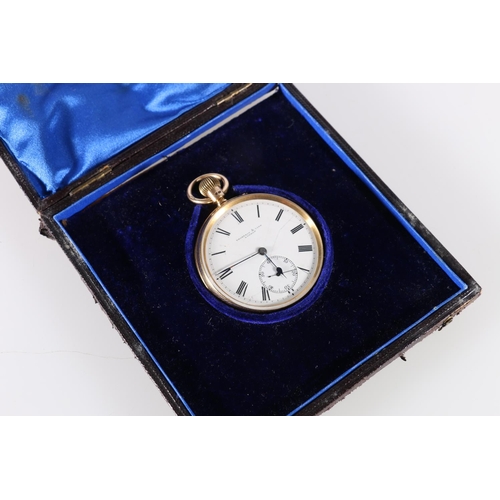 90V - 18ct gold open face Thompson & Vine of London pocket watch having lever movement, roman numerals... 