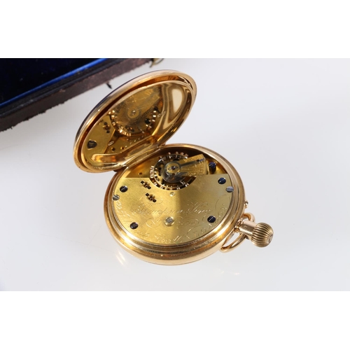 90V - 18ct gold open face Thompson & Vine of London pocket watch having lever movement, roman numerals... 