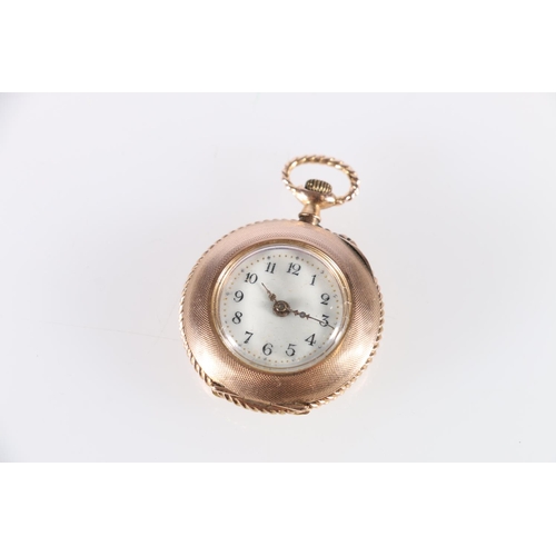 90X - Ladies 14ct gold fob watch having enamelled decoration to the back plate. Gross weight 23.8g.