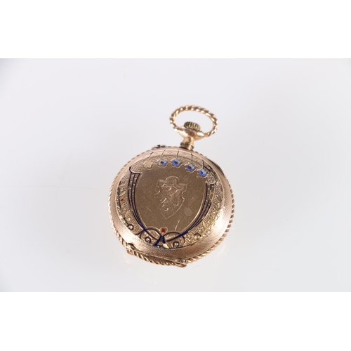 90X - Ladies 14ct gold fob watch having enamelled decoration to the back plate. Gross weight 23.8g.