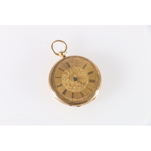 92 - Continental 18ct gold fob watch with engraved dial having Roman numeral chapter ring, 3.6cm diameter... 