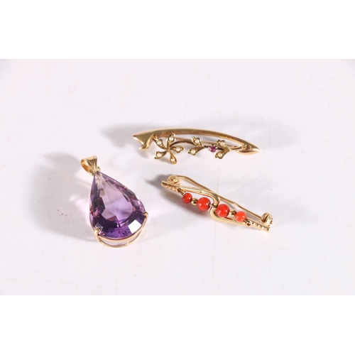 94 - 18ct gold and coral brooch, 2.9 grams, a 15ct gold floral pearl and ruby set brooch, 2.3g and a 14k ... 