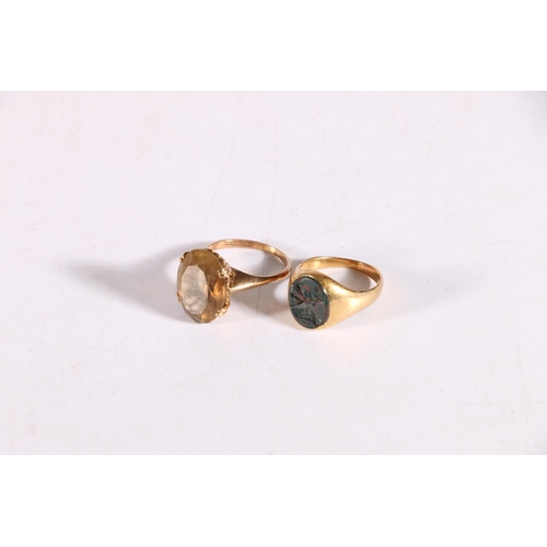 97 - Unhallmarked gold bloodstone set dress ring with stag carving to stone, size O , 7.2g and a 9ct gold... 