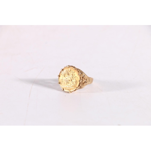 99 - 9ct gold George V half sovereign ring, size N , ring cut, 8.5g gross.