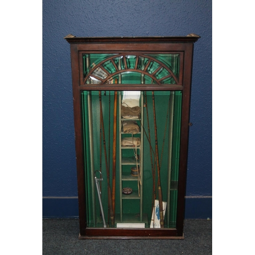 578 - Glazed mahogany fishing cabinet with green baize lined fitted interior, 133cm tall, 76cm wide.