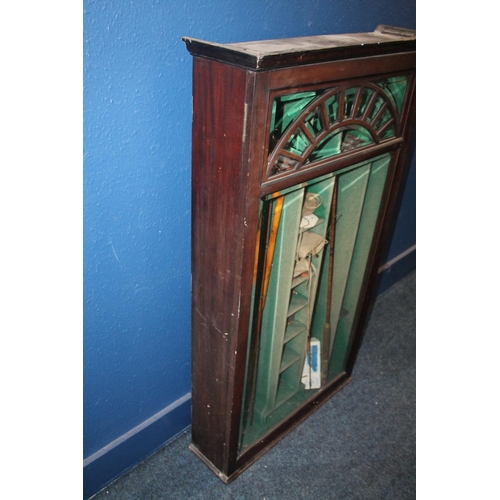 578 - Glazed mahogany fishing cabinet with green baize lined fitted interior, 133cm tall, 76cm wide.