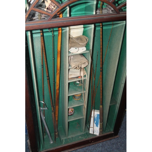 578 - Glazed mahogany fishing cabinet with green baize lined fitted interior, 133cm tall, 76cm wide.