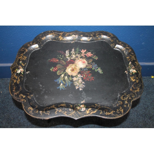 580 - Victorian painted papier mache tray top table on stand, 63cm wide.