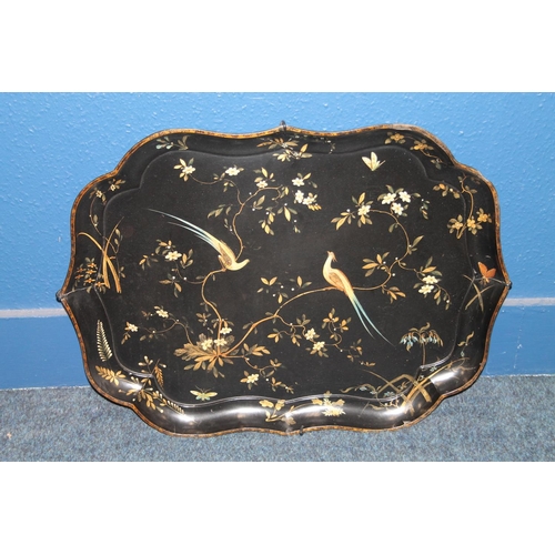 581 - Victorian papier mache tray or wall plaque having shaped edge, painted designs of birds and flowers,... 