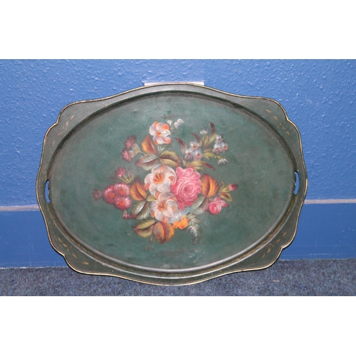 582 - Antique painted metal twin handled tray having central floral bouquet decoration, 70cm x 55cm.