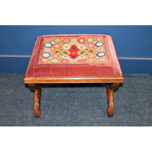 588 - Antique X frame footstool, the rectangular top covered with tapestry panel, 55cm long. 