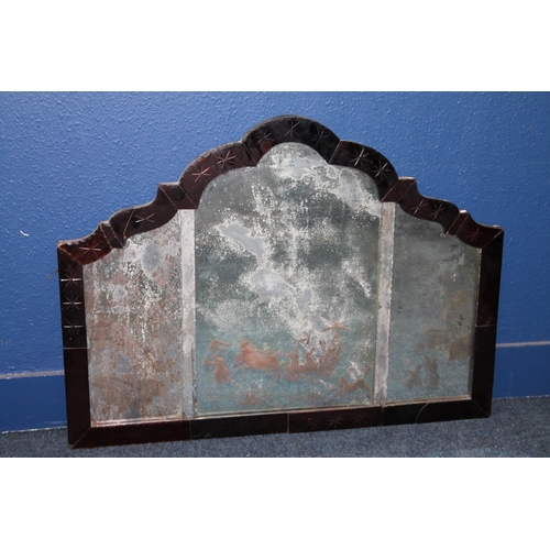 590 - Antique Venetian glass wall mirror with arch top with ruby glass surround, the plate glass etched wi... 