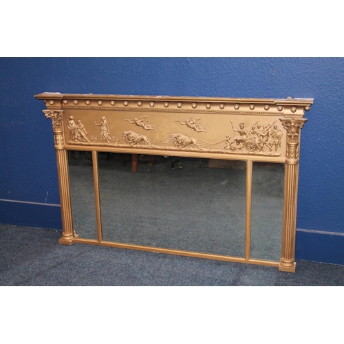 592 - Antique gilt wood overmantle wall mirror with Roman chariot scene to the pelmet, 149cm long.