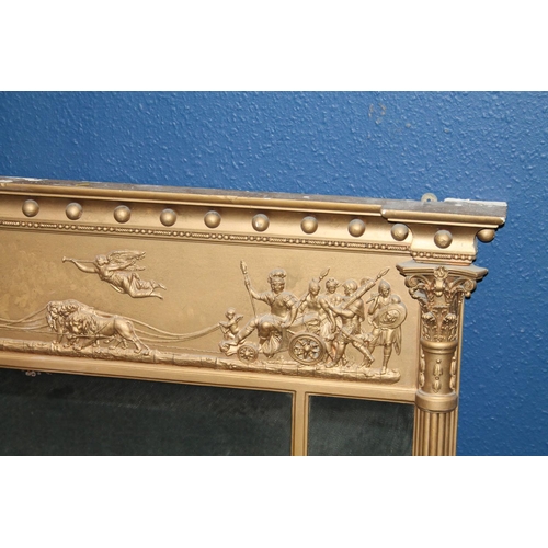 592 - Antique gilt wood overmantle wall mirror with Roman chariot scene to the pelmet, 149cm long.