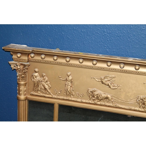 592 - Antique gilt wood overmantle wall mirror with Roman chariot scene to the pelmet, 149cm long.