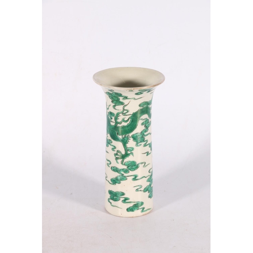 368 - 19th century Chinese column vase decorated in green enamel with an encircling dragon amongst clouds,... 