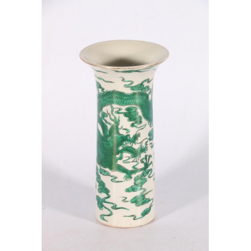 368 - 19th century Chinese column vase decorated in green enamel with an encircling dragon amongst clouds,... 