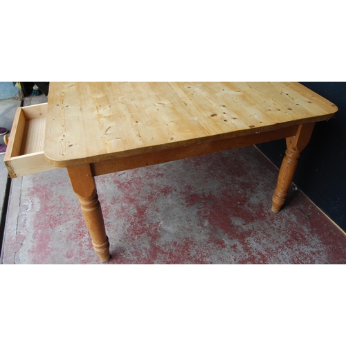 342 - Pine farmhouse table of square form with canted corners with two cutlery drawers to each end, on tur... 