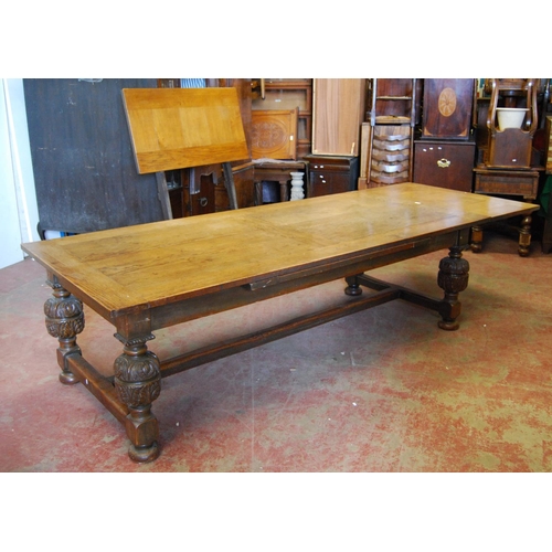 357 - Victorian oak refectory table, the rectangular detachable plank top with a pull-out extension to eac... 