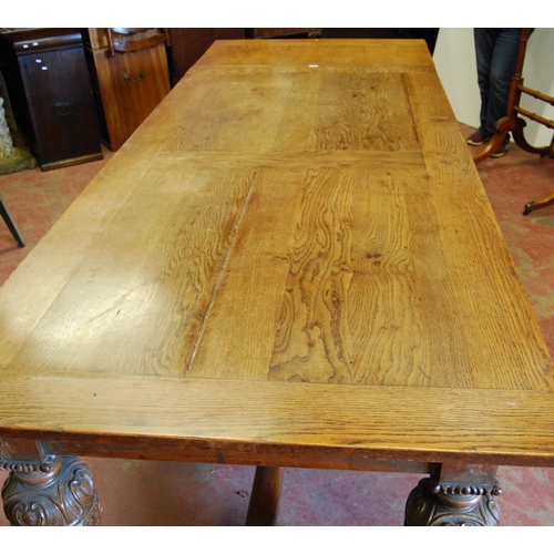 357 - Victorian oak refectory table, the rectangular detachable plank top with a pull-out extension to eac... 