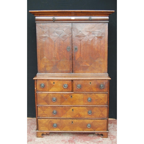 358 - Early 18th century Queen Anne walnut cabinet on chest, the cabinet top with a long drawer above two ... 