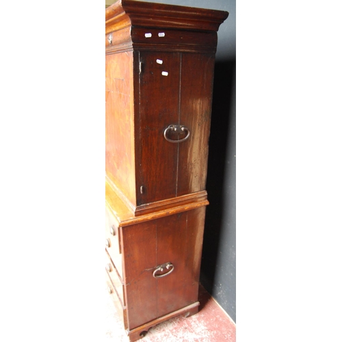 358 - Early 18th century Queen Anne walnut cabinet on chest, the cabinet top with a long drawer above two ... 