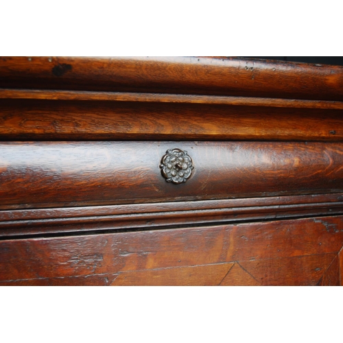 358 - Early 18th century Queen Anne walnut cabinet on chest, the cabinet top with a long drawer above two ... 