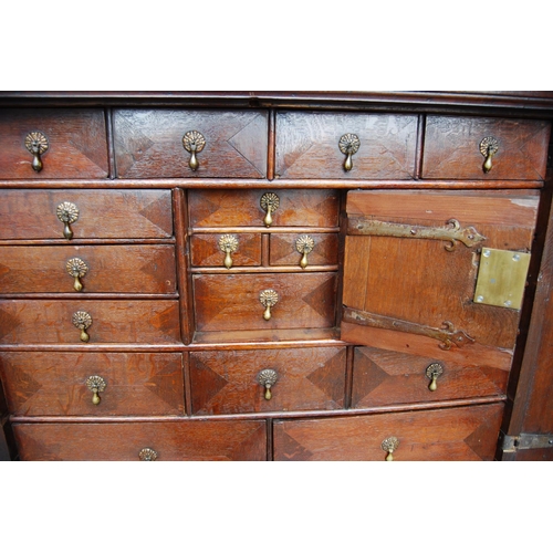 358 - Early 18th century Queen Anne walnut cabinet on chest, the cabinet top with a long drawer above two ... 