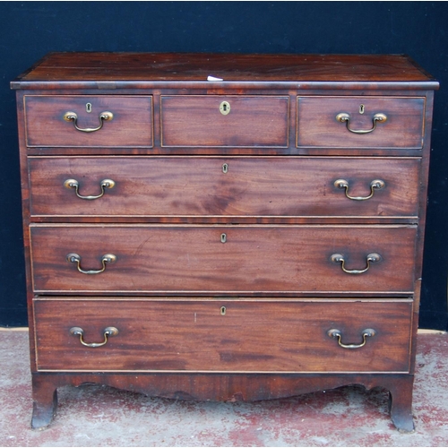 360 - Georgian mahogany chest of three short and three long drawers, on bracket feet, with later brass car... 