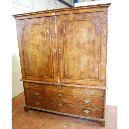 366 - 18th century and later burr walnut linen press on chest, The interior converted to a wardrobe, the t... 