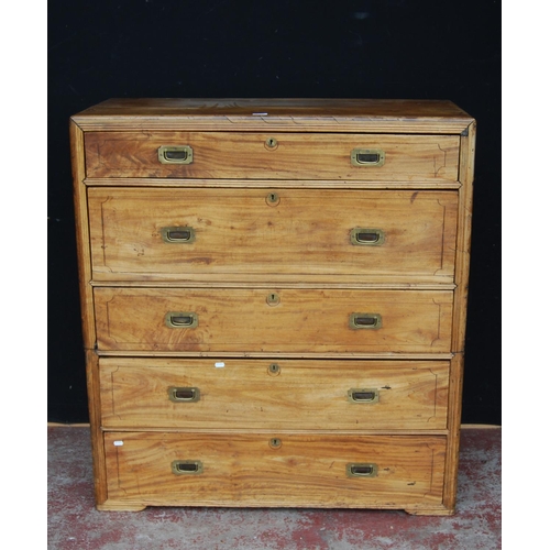 372 - 19th century Anglo-Indian camphorwood campaign chest, in two sections with three graduated drawers t... 