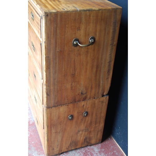 372 - 19th century Anglo-Indian camphorwood campaign chest, in two sections with three graduated drawers t... 