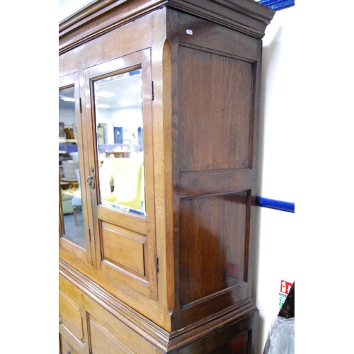 375 - George III oak cabinet on dower chest (formerly a livery cupboard), the glazed door enclosing velour... 