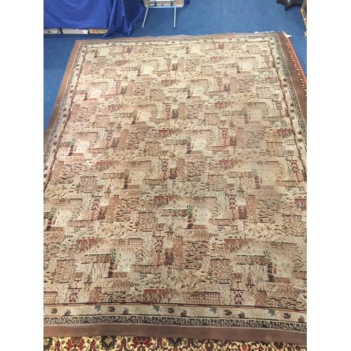 599 - Aubusson style rug, brown and beige geometric pattern, carpet size 410cm x 317cm.