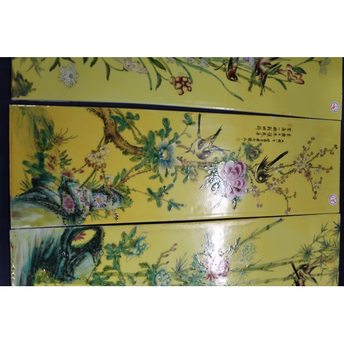 358 - Two pairs of 20th century Chinese enamelled tiles, one pair decorated with birds and peonies and oth... 