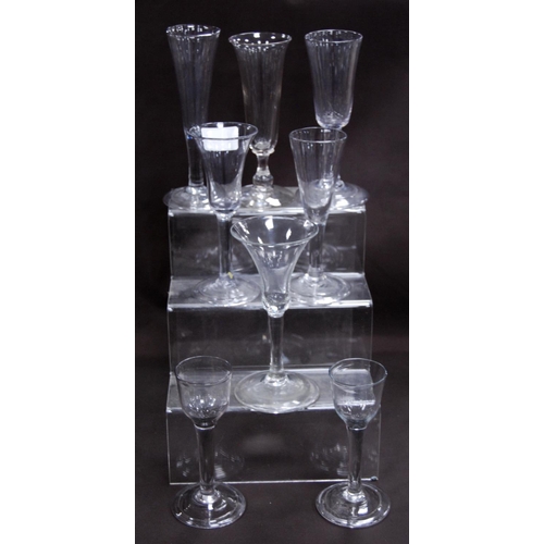 150 - Group of 18th century-style antique cordial, wine and ale glasses, each with trumpet and plain bowls... 