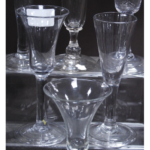 150 - Group of 18th century-style antique cordial, wine and ale glasses, each with trumpet and plain bowls... 