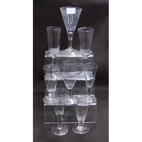 151 - Group of 18th century-style antique cordial and ale glasses, each with trumpet and plain bowls, on p... 