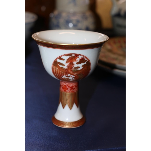 372 - A well painted Chinese 20th century stem cup decorated with phoenix roundels between key fret and pa... 