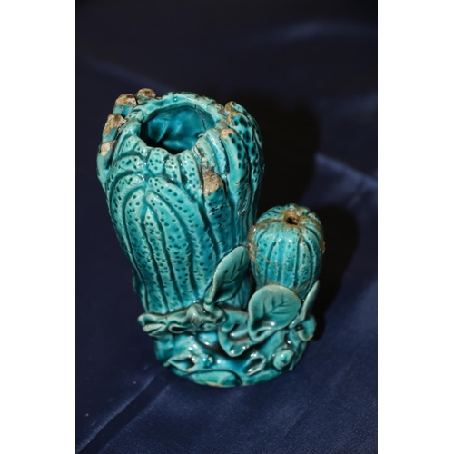 352 - A 19th century blue glazed brush washer in the form of a finger citron, 11cm, and a small cinnabar l... 