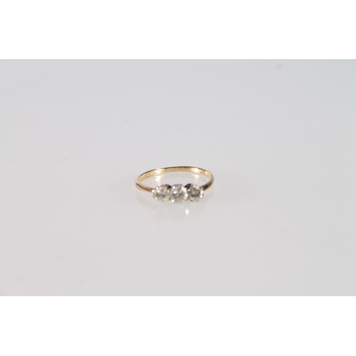 467 - Yellow gold three stone diamond ring, size L, 1.5g.