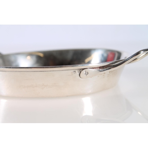 472 - Silver twin handled dish of plain form, marks rubbed, 55g.