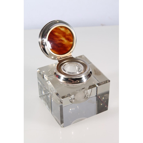 540 - Sterling silver and tortoiseshell topped glass inkwell, Birmingham, maker W and S, retailed by Wilso... 