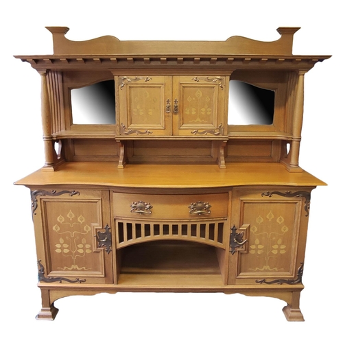 380 - Arts & Crafts inlaid oak sideboard in the Glasgow School taste, the top section with a shaped pe... 