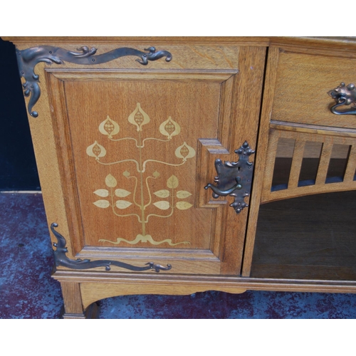 380 - Arts & Crafts inlaid oak sideboard in the Glasgow School taste, the top section with a shaped pe... 