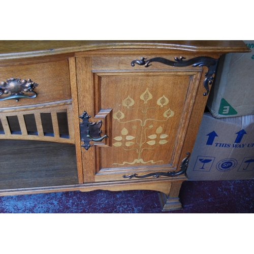 380 - Arts & Crafts inlaid oak sideboard in the Glasgow School taste, the top section with a shaped pe... 