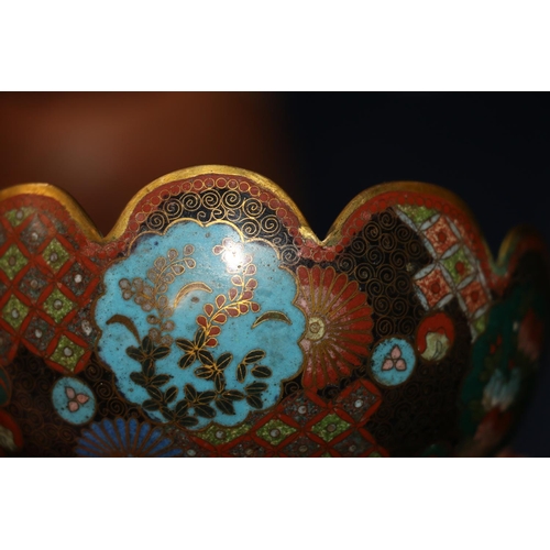 392 - A Japanese cloisonne bowl with petal edge and gilt metal wires, decorated with various shaped panels... 