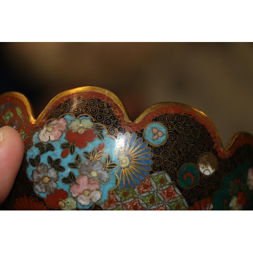 392 - A Japanese cloisonne bowl with petal edge and gilt metal wires, decorated with various shaped panels... 