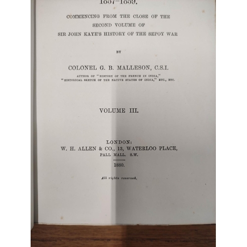 162 - MALLESON COL. G. B.  History of the Indian Mutiny. 2 vols. Fldg. plans as called for. Orig. purple c... 