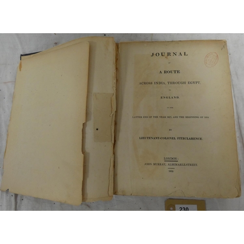 230 - FITZCLARENCE LT. COL.&nbsp;&nbsp;Journal of a Route Across India Through Egypt to England. Large fld... 